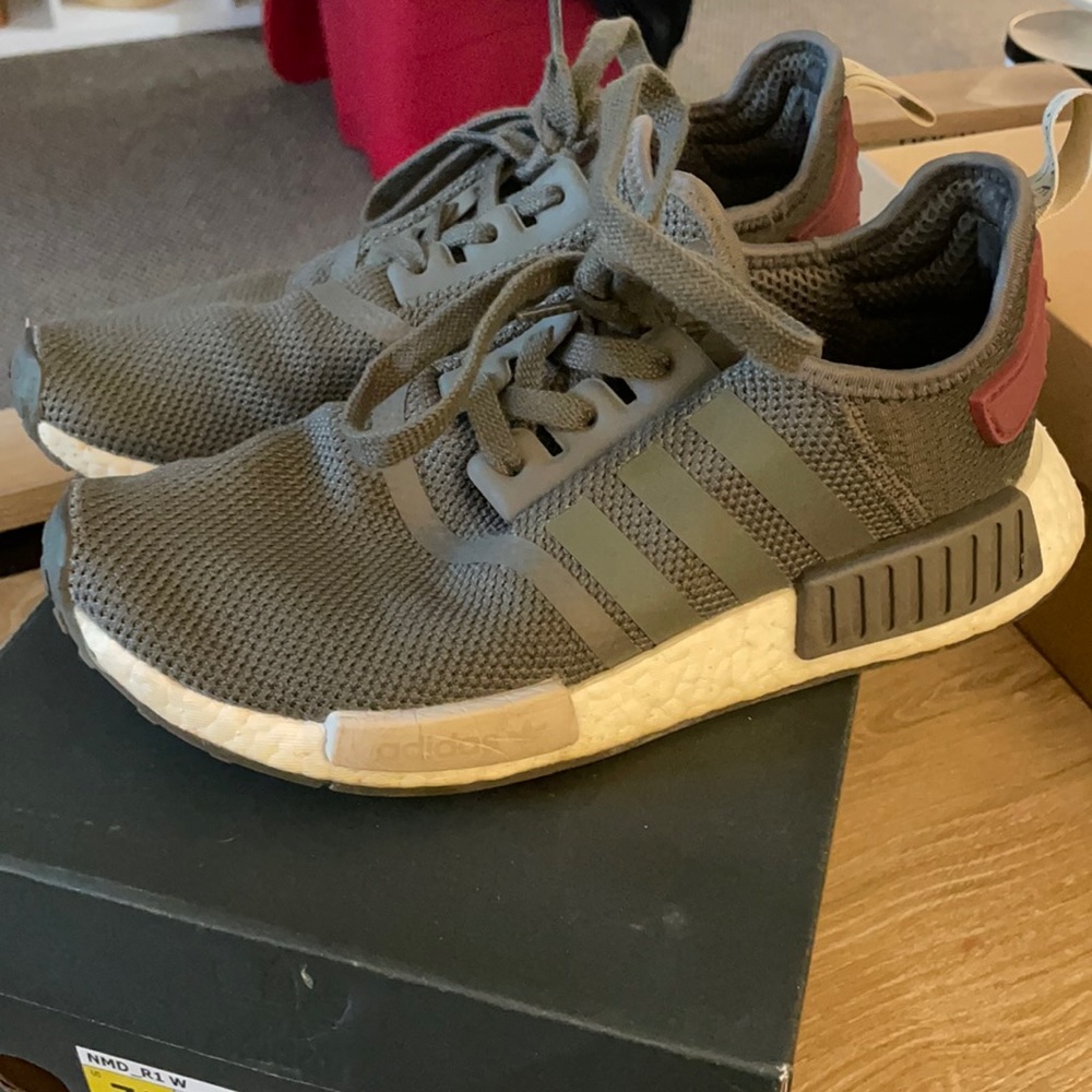 Adidas NMD R1. Army green color with pops of maroon.